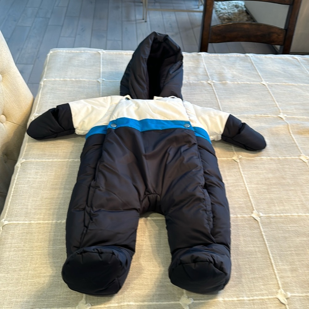 Jacadi 3 month infant snowsuit. Navy with blue and white stripes.